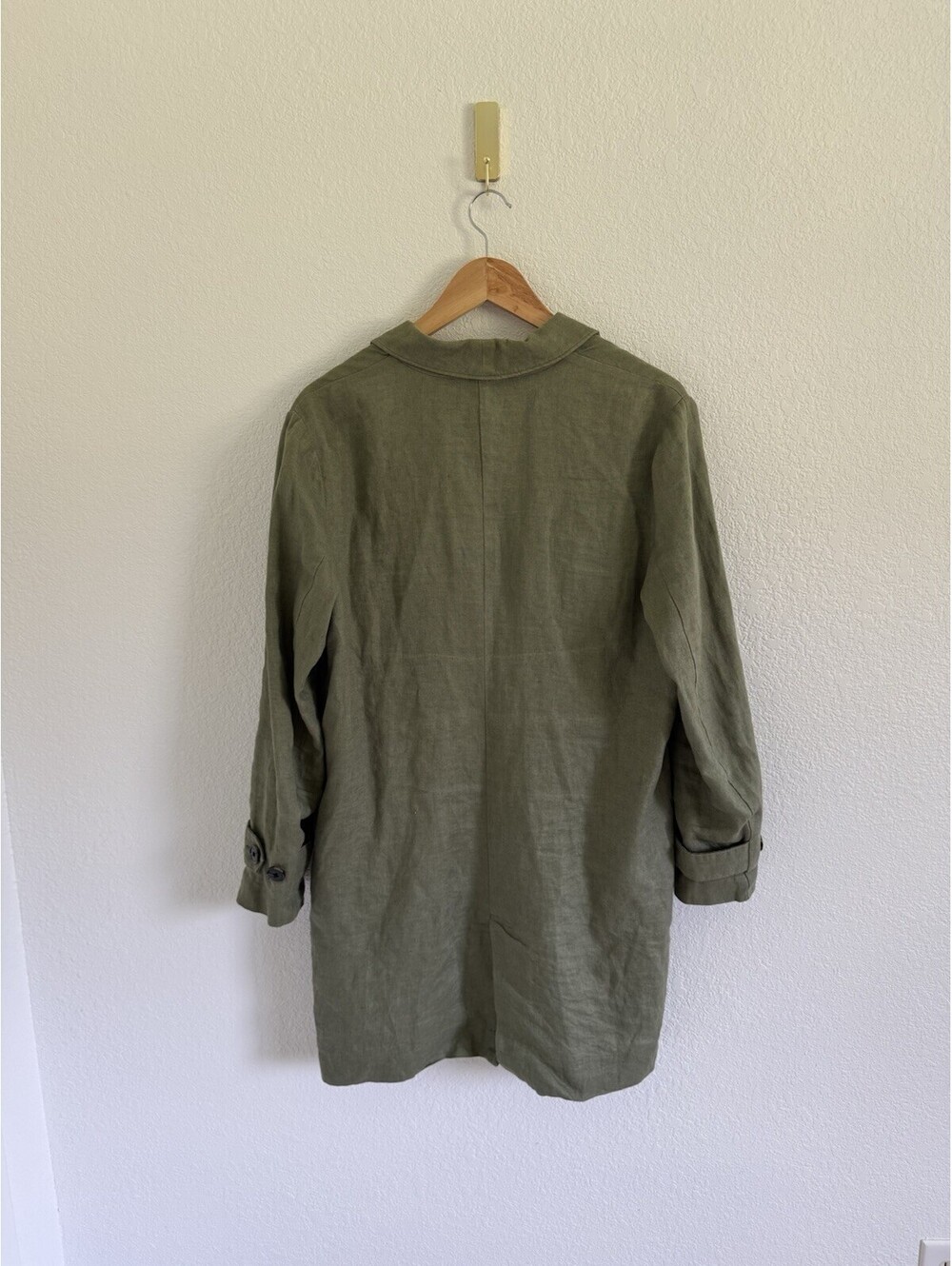 Garnet Hill Women’s Sz Small Relaxed 100% Linen Buttoned Trench Coat Olive Green - Picture 7 of 7